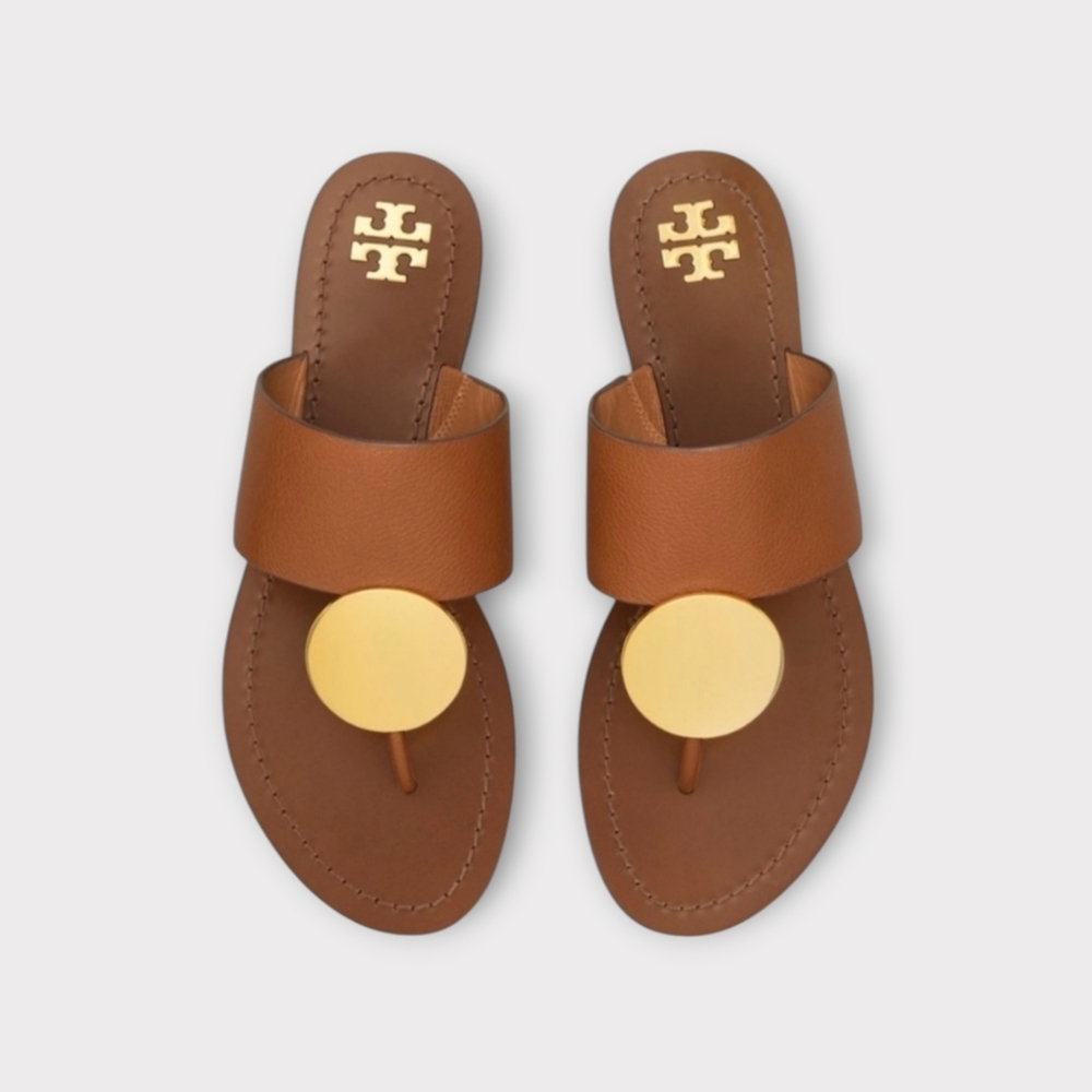 Tory Burch Tan and Gold Slide Sandals